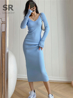 SINGREINY – robe tricotée pour femmes, col en V, Sexy, Slim, élastique, surdimensionné, basique, moulante, pull, tricot chaud, longue, automne, hiver 1